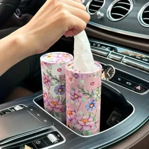 [2 Compact Car Tissues] 2 Rolls Compact Floral Car Tissues | Cylindrical Tissue Tubes with Vibrant Pink Floral Design, Soft Facial Tissue Paper for Cars, Trucks, SUVs, Fits Standard Car Cup Holders