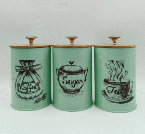 Green Storage Container Sets Metal Tea Sugar Coffee Canister With Bamboo Lids